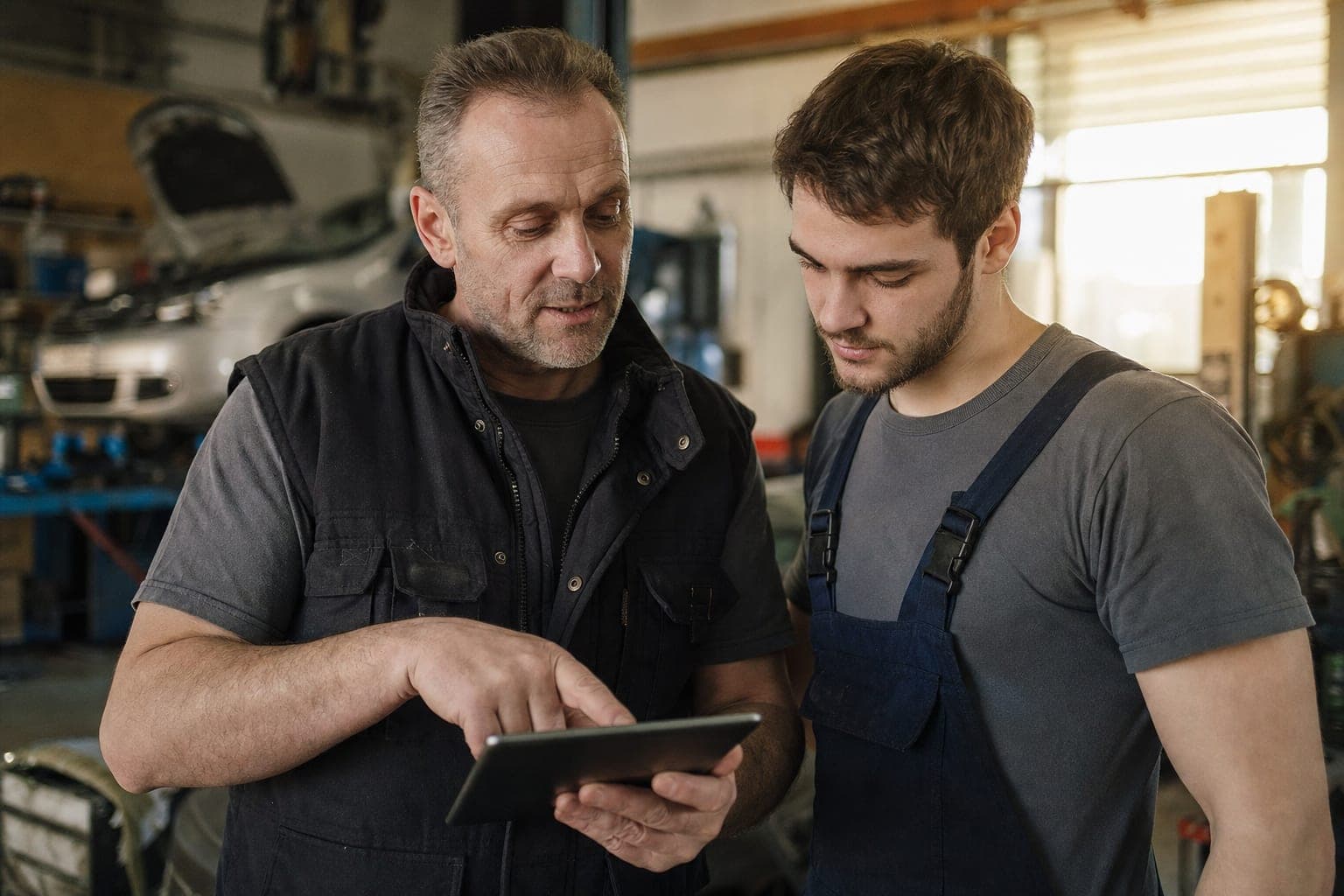 Betriebsinhaber und neue Fachkraft am Tablet in der Werkstatt