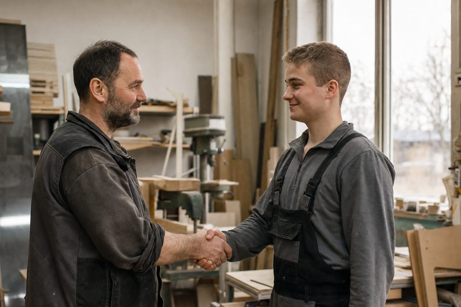 Handschlag zwischen zwei Handwerkern in der Werkstatt